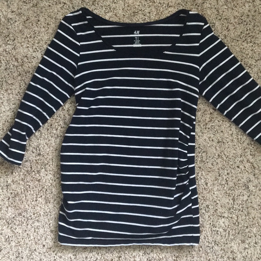 Navy Blue Striped MAMA 3/4 Length Sleeves Top